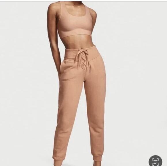 Victorias Secret Cotton Fleece Lace Up High Waist Joggers Pants XXL TAN Mocha - Picture 15 of 15